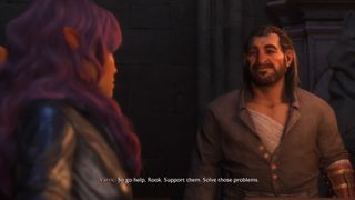 Dragon Age: The Veilguard screenshot of Varric telling Rook to support their team