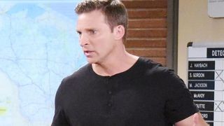 Steve Burton as Dylan McAvoy in a black t-shirt in The Young & the Restless