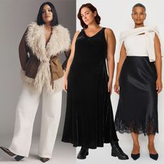 model wears faux fur lined anthropologie jacket white jeans and boots, model wears velvet dress, model wears white tank lace trimmed skirt, and a sweater around the shoulers. 