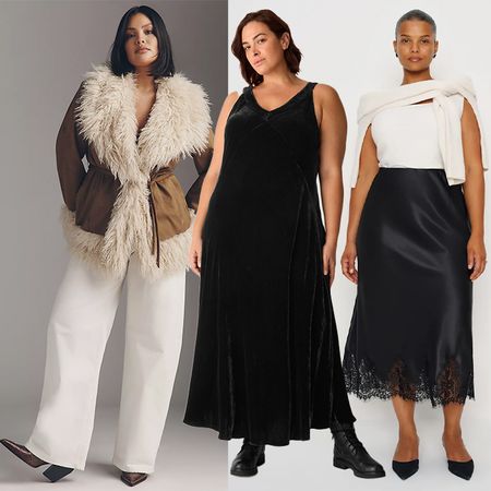 model wears faux fur lined anthropologie jacket white jeans and boots, model wears velvet dress, model wears white tank lace trimmed skirt, and a sweater around the shoulers.