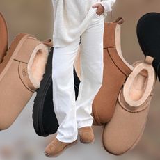 fashion collage featuring UGG Classic Micro boot and influencer Izzy Dilger wearing a ribbed white sweater, relaxed white jeans, and tan Ugg boots