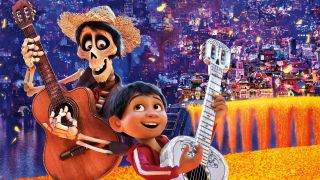 A promotional image for Pixar's Coco movie, with Hector and Miguel playing their guitars