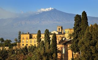 View of Mount Etna from city of Taormina, Sicily