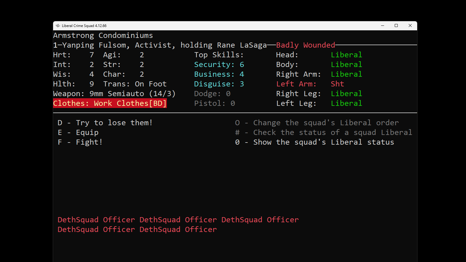 The status screen for Yanping Fulsome, showing that he's been shot in the left arm and is surrounded by DethSquad officers.