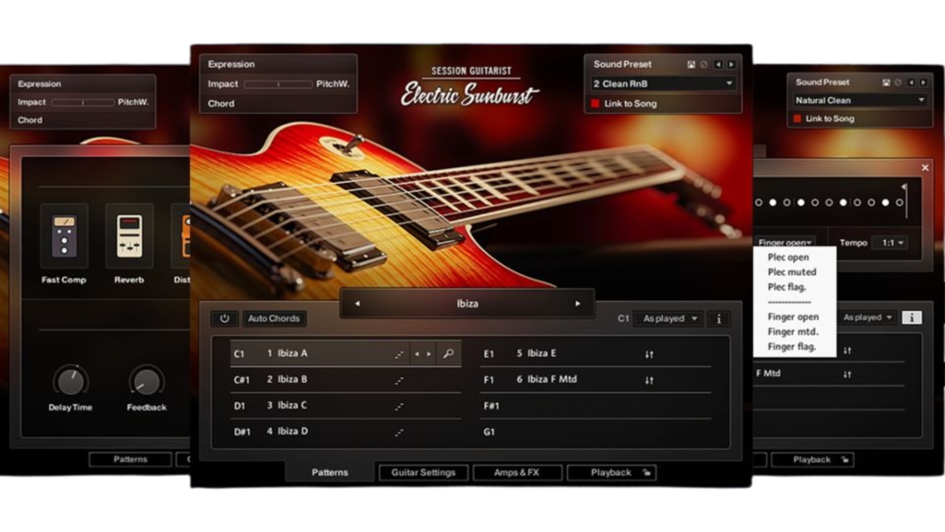 A screenshot of Native Instruments Session Guitarist Electric Sunburst guitar VST