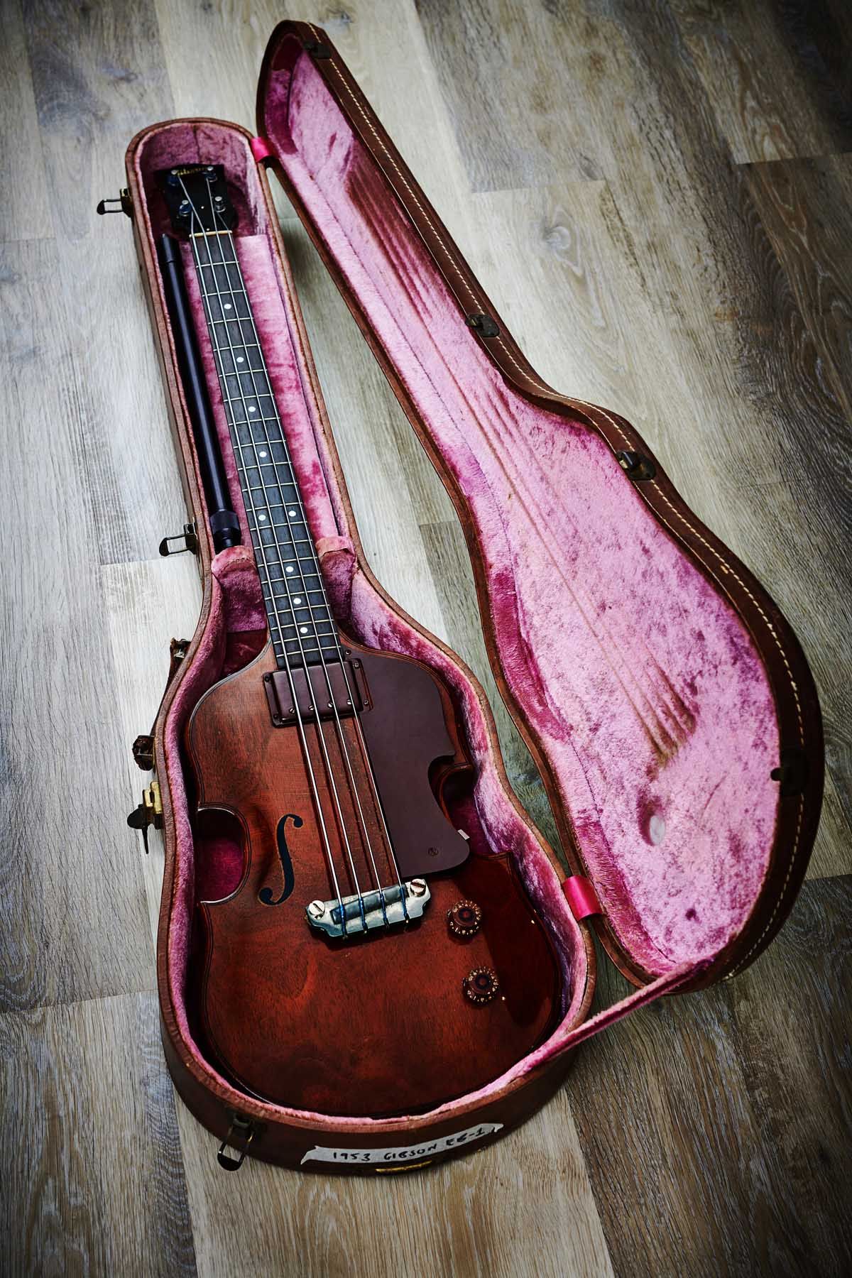 Gibson&rsquo;s Electric Bass was released in 1953 and came equipped with a detachable telescopic endpin for traditional upright players, as pictured in the case of this example from 1953