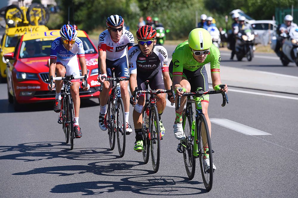 Alex Howes leading the four-rider breakaway during stage 14