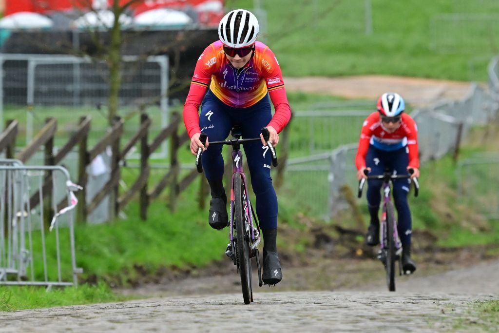 Belgian Lotte Kopecky of SD Worx and Luxembourgish Christine Majerus of SD Worx pictured in action during preparations of several teams on the track ahead of the Ronde van Vlaanderen Tour des Flandres Tour of Flanders cycling race Friday 31 March 2023 The 107th edition of the cycling race will take place on Sunday 02 April BELGA PHOTO DIRK WAEM Photo by DIRK WAEM BELGA MAG Belga via AFP Photo by DIRK WAEMBELGA MAGAFP via Getty Images