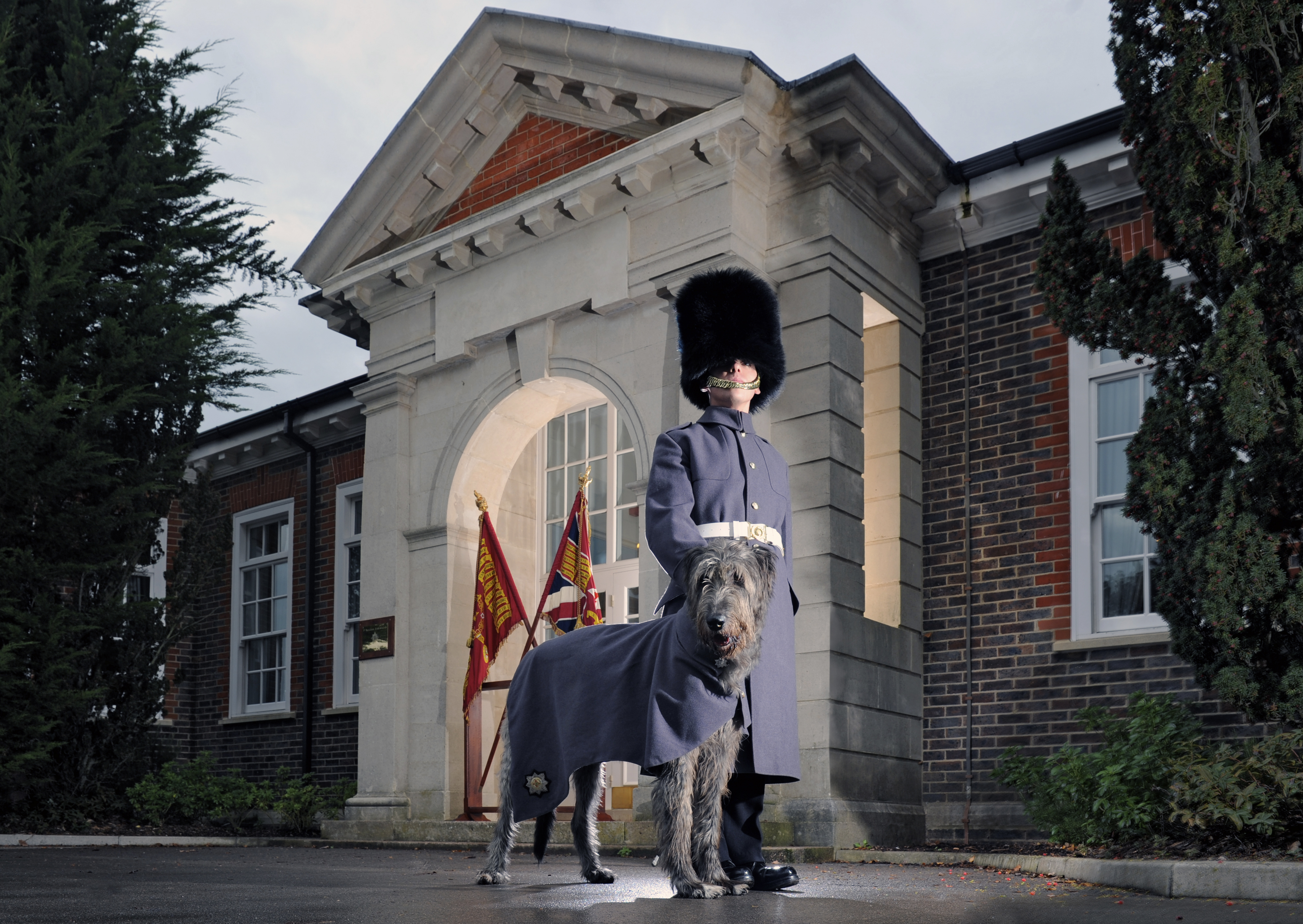 Irish wolfhound and man in army uniform standing in front of a brick and stone building