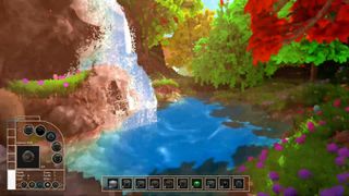 A waterfall pours into a pond in the middle of a lush forest