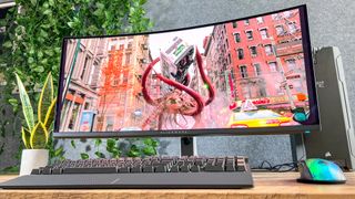 Alienware 34 Curved QD-OLED Gaming Monitor showing game