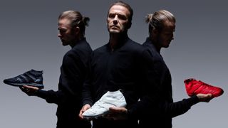 Three views of David Beckham holding sports shoe