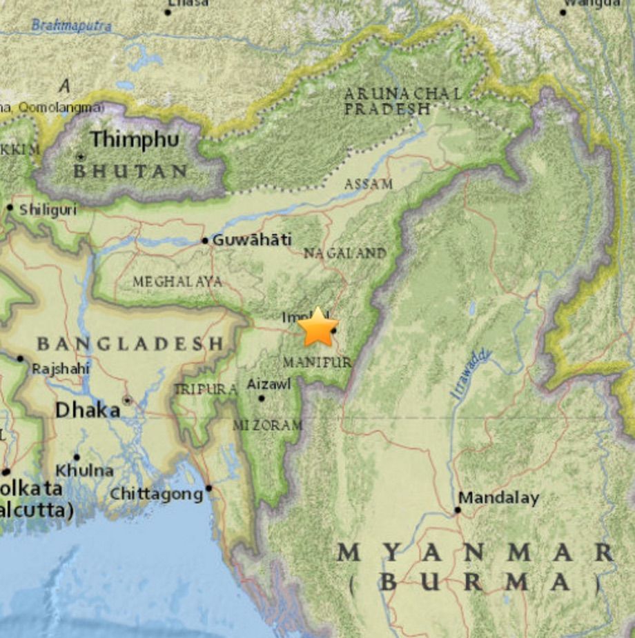 A map shows where a magnitude-6.7 earthquake hit India, about 18 miles (29 kilometers) from the city of Imphal.