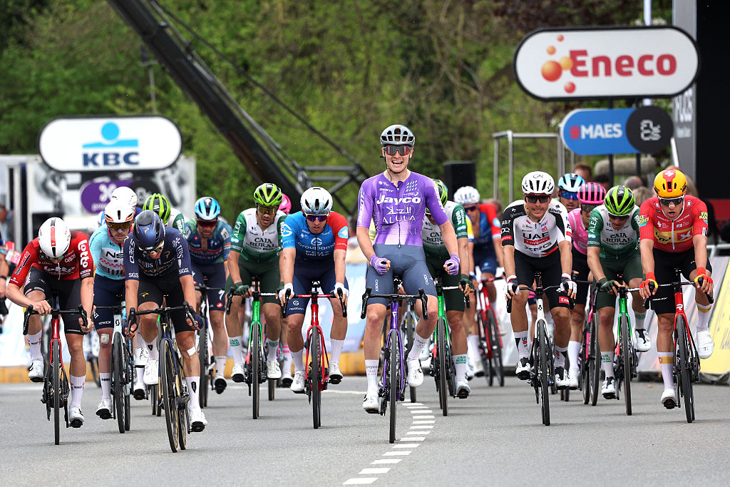 OVERIJSE, BELGIUM - APRIL 17: Anders Foldager of Denmark and Team Jayco AlUla (C) celebrates at finish line as race winner during the 65th De Brabantse Pijl - La Fleche Brabanconne 2026, Men&amp;amp;apos;s Elite a 162.6km one day race from Beersel to Overijse on April 17, 2026 in Overijse, Belgium. (Photo by Rhode Van Elsen/Getty Images)