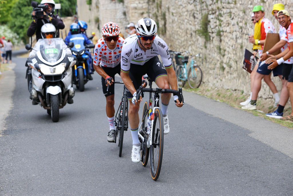 MALAUCENE FRANCE JULY 07 Nairo Quintana of Colombia and Team Arka Samsic Polka Dot Mountain Jersey Julian Alaphilippe of France and Team Deceuninck QuickStep in breakaway during the 108th Tour de France 2021 Stage 11 a 1989km km stage from Sorgues to Malaucne LeTour TDF2021 on July 07 2021 in Malaucene France Photo by Tim de WaeleGetty Images