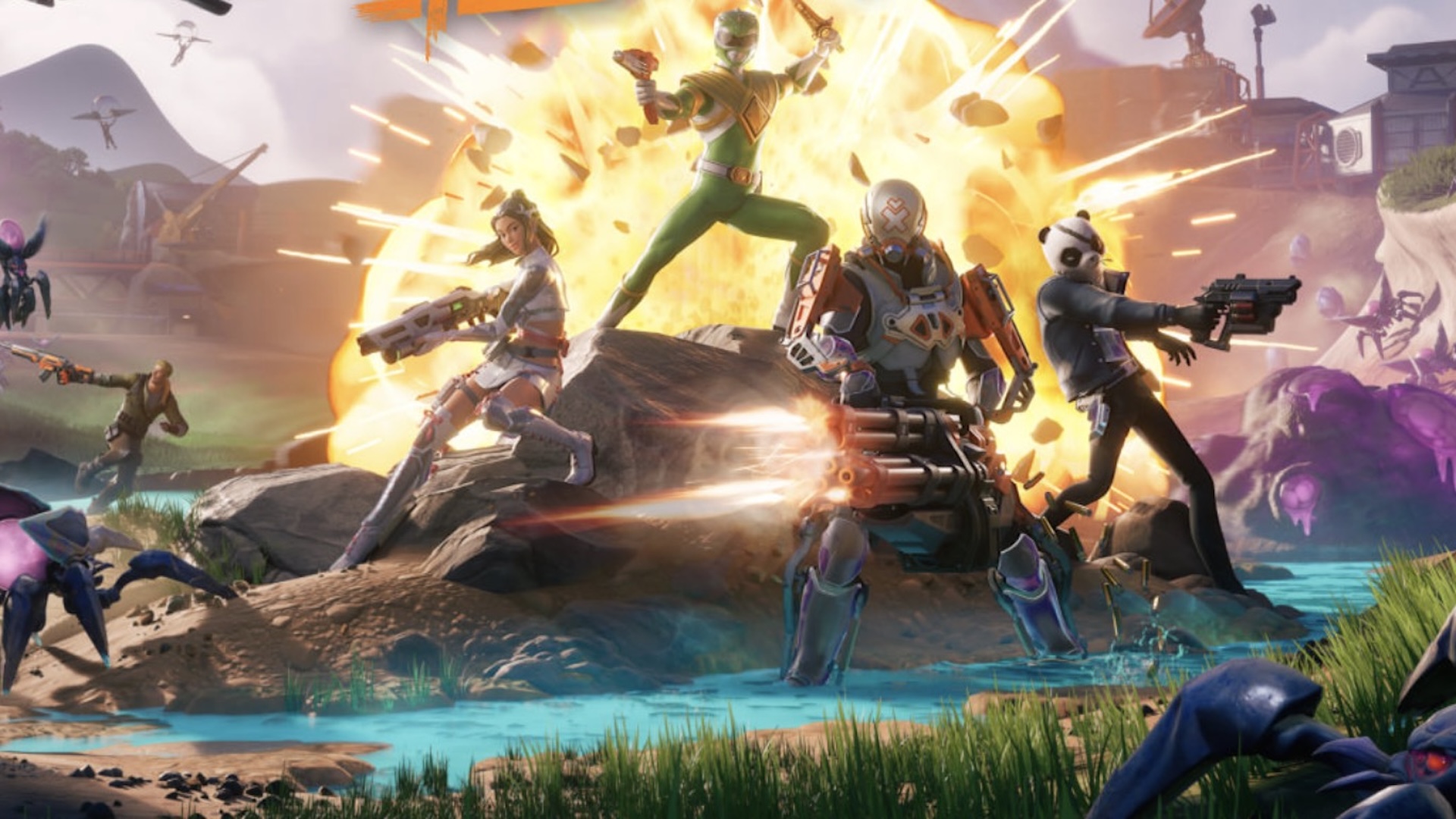 Power Rangers and Fortnite characters defend a point from encroaching bug enemies