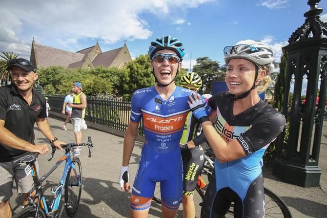 Chris Hamilton and Peta Mullens celebrate after the finish