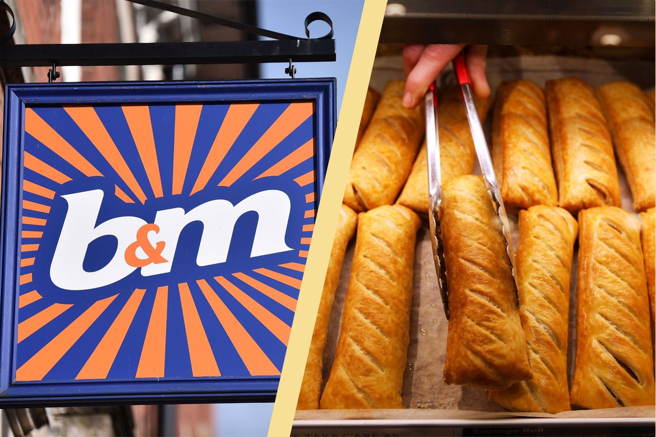 B&amp;M sign split layout with Greggs Sausage roll