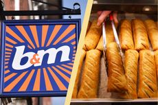 B&M sign split layout with Greggs Sausage roll