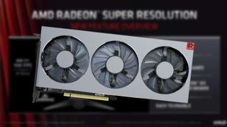AMD Radeon Super Resolution slide overlaid with Radeon VII graphics card