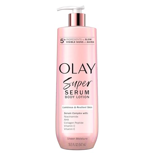 Olay Super Serum Hand &amp;amp; Body Lotion for Dry Skin, 24hr Long Lasting Hydration, 5+ Ingredient Complex for Bright Even Firm Luminous Skin, Sweet Vanilla &amp;amp; Soft Wood Scent, 18.5 Fl Oz