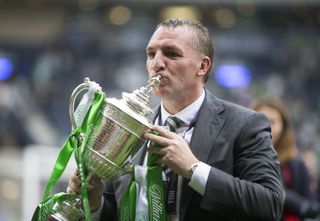 Brendan Rodgers with Scottish Cup after Celtic beat Aberdeen to complete a treble