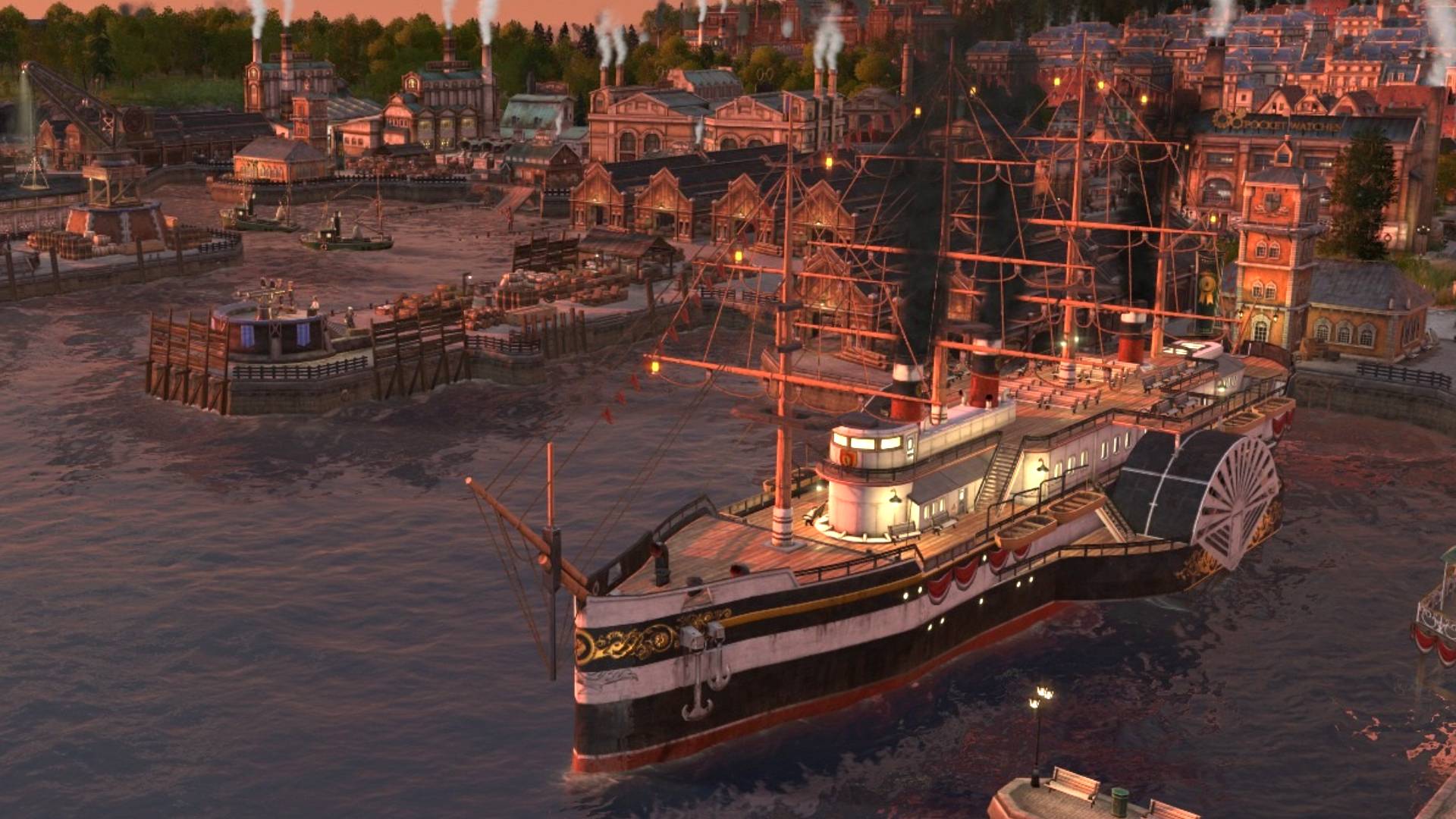 A steam ship waits in the dock in Anno 1800