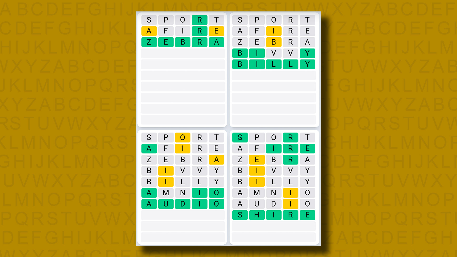 Quordle Daily Sequence answers for game 1122 on a yellow background