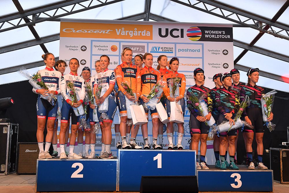 Cervelo Bigla, Boels Dolmans and CanyonSRAM on the Vargarda podium