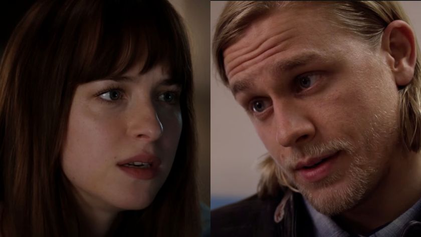 Dakota Johnson and Charlie Hunnam in a side-by-side photo. 