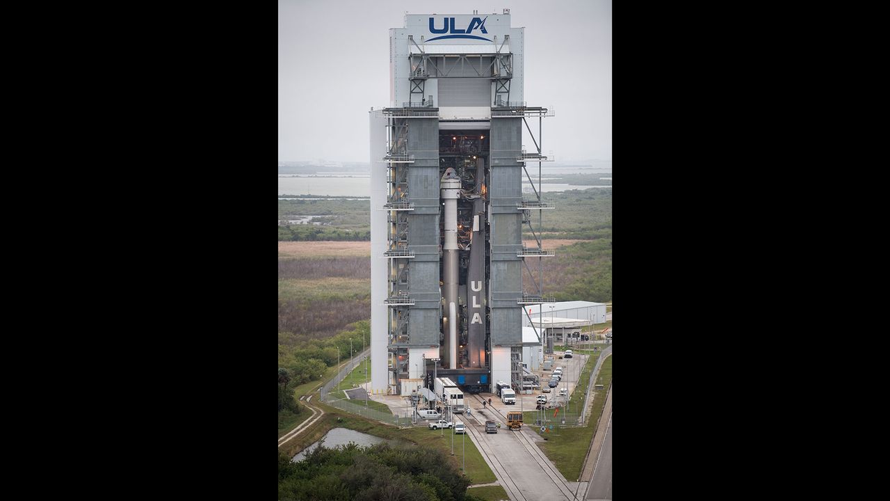 A United Launch Alliance Atlas V rocket with Boeing&rsquo;s CST-100 Starliner spacecraft onboard is seen before being rollout out of the Vertical Integration Facility to the launch pad at Space Launch Complex 41 ahead of the Orbital Flight Test mission, Wednesday, Dec. 18, 2019 at Cape Canaveral Air Force Station in Florida.