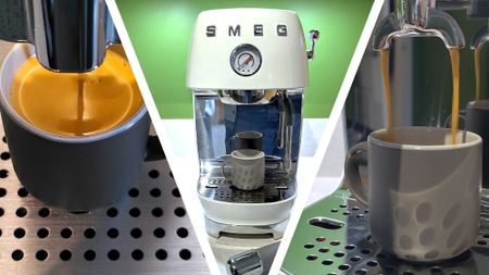 Split image of three Smeg coffee makers with espresso cups