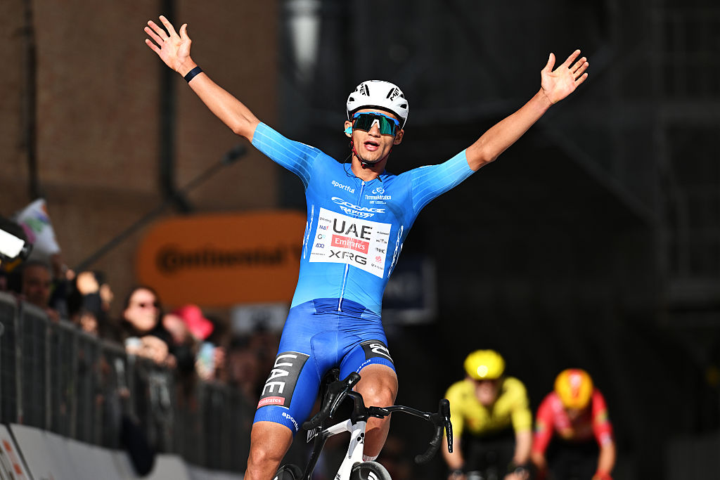CAMERINO, ITALY - MARCH 14: Isaac Del Toro of Mexico and UAE Team Emirates - XRG - Blue Leader Jersey celebrates at finish line as stage winner during the 61st Tirreno-Adriatico 2026, Stage 6 a 188km stage from San Severino Marche to Camerino 656m / #UCIWT / on March 14, 2026 in San Severino Marche, Italy. (Photo by Tim de Waele/Getty Images)