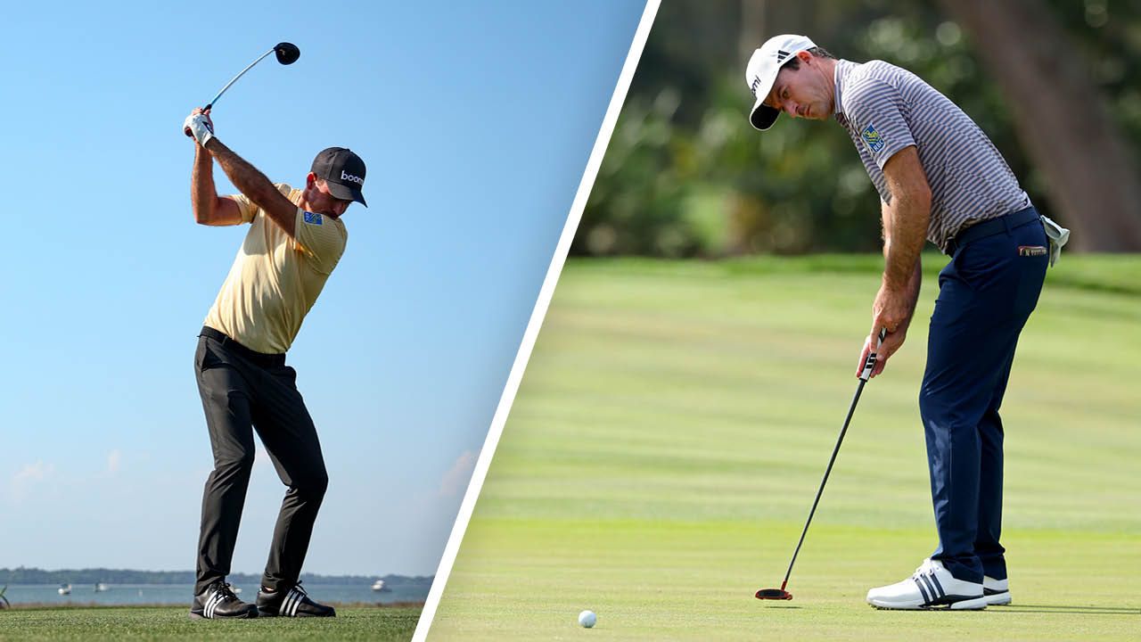 PGA Tour winner Nick Taylor hitting a tee shot and hitting a putt