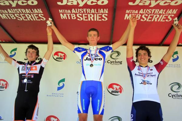 The men's under 19 road race podium: Bradley Linfield, Calvin Watson and David Edwards