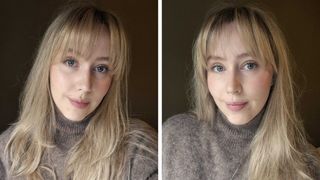 Images of Digital Beauty Writer, Naomi Jamieson, after testing the bouncy bangs trick on her blonde hair