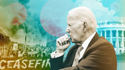Joe Biden, pro-Palestine demonstrators, the White House and scenes of bombing in Gaza