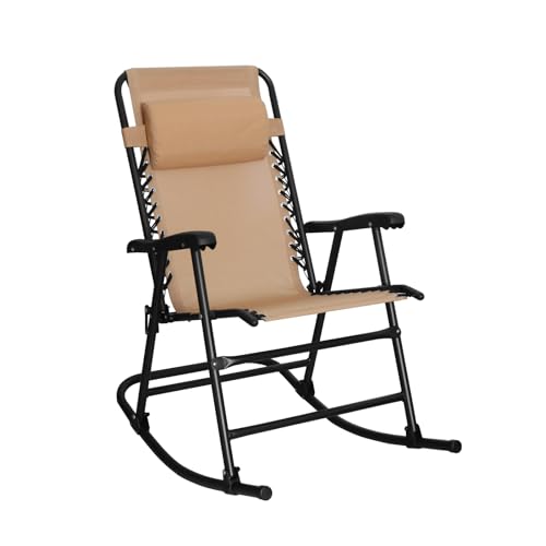 Amazon Basics Outdoor Portable Folding Rocking Chair With Headrest, Ergonomic Design, Weather-Resistant Patio Reclining Lounge Chair for Porch, 33.6 X 37.4 X 26 Inch, Beige