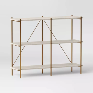 etagere low bookshelf with gold hardware and white shelves