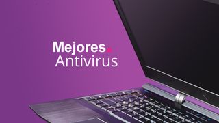 El texto "Mejores antivirus" junto a un portátil, sobre un fondo morado