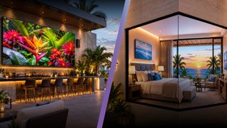 Two new Nanolumens displays being showcased with a floral display in a bar and a beach setting in a resort.