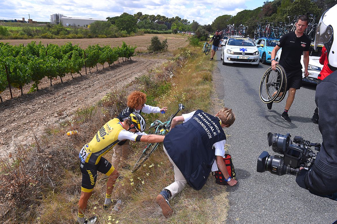 George Bennett (LottoNl-Jumbo) went off the road into the culvert
