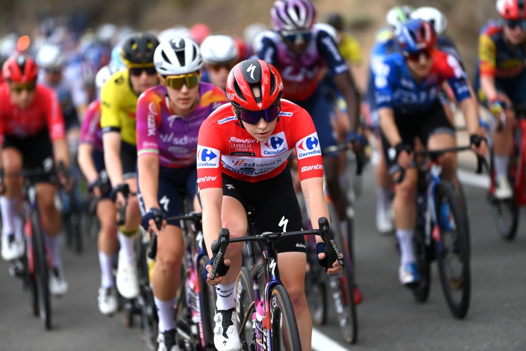 TERUEL SPAIN APRIL 30 Blanka Vas of Hungary and Team SD Worx Protime Red Leader Jersey competes during the 10th La Vuelta Femenina 2024 Stage 3 a 1303km stage from Lucena del Cid to Teruel UCIWWT on April 30 2024 in Teruel Spain Photo by Alex BroadwayGetty Images