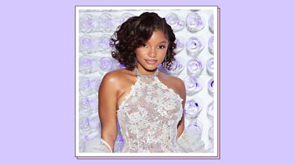 Halle Bailey wears a white lace dress as she attends The 2023 Met Gala Celebrating "Karl Lagerfeld: A Line Of Beauty" at The Metropolitan Museum of Art on May 01, 2023 in New York City. / in a purple and pink template