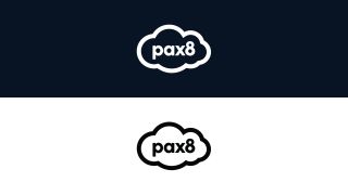 Pax8 logos appearing on a background. There are two logos situated above one another in the frame. The backdrop is split into two halves - the top half is a very dark blue with a white logo placed in the middle, the bottom half is the opposite