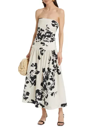 Malla Floral Cotton Strapless Midi-Dress