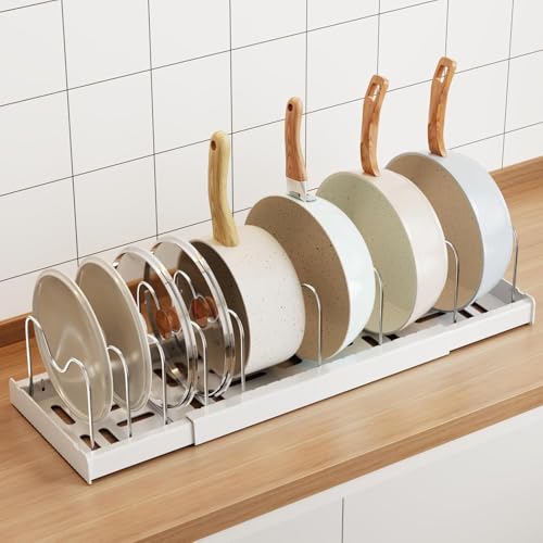 Mustorn Pots and Pans Organizer Under Cabinet, 22" Expandable Food Storage Container Lid Organizers With 9 Adjustable Dividers Pot and Pan Lid Holders Rack Inside Cabinet/countertop(1 Pack, White)