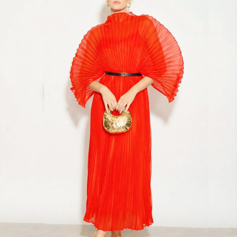 red pleated dress