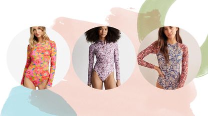 collage of three of the best long-sleeve swimsuits
