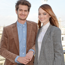 Andrew Garfield (L) and Emma Stone attend "The Amazing Spider-Man 2" photocall at Park Plaza Westminster Bridge Hotel on April 9, 2014 in London, England.